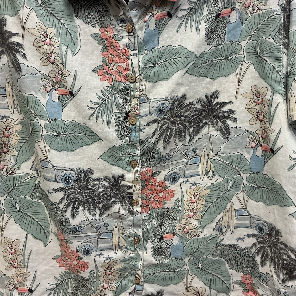 C&C California 100% Linen SZ M Tropical Floral Bird Button Up Top Vacation Beach - Picture 2 of 7